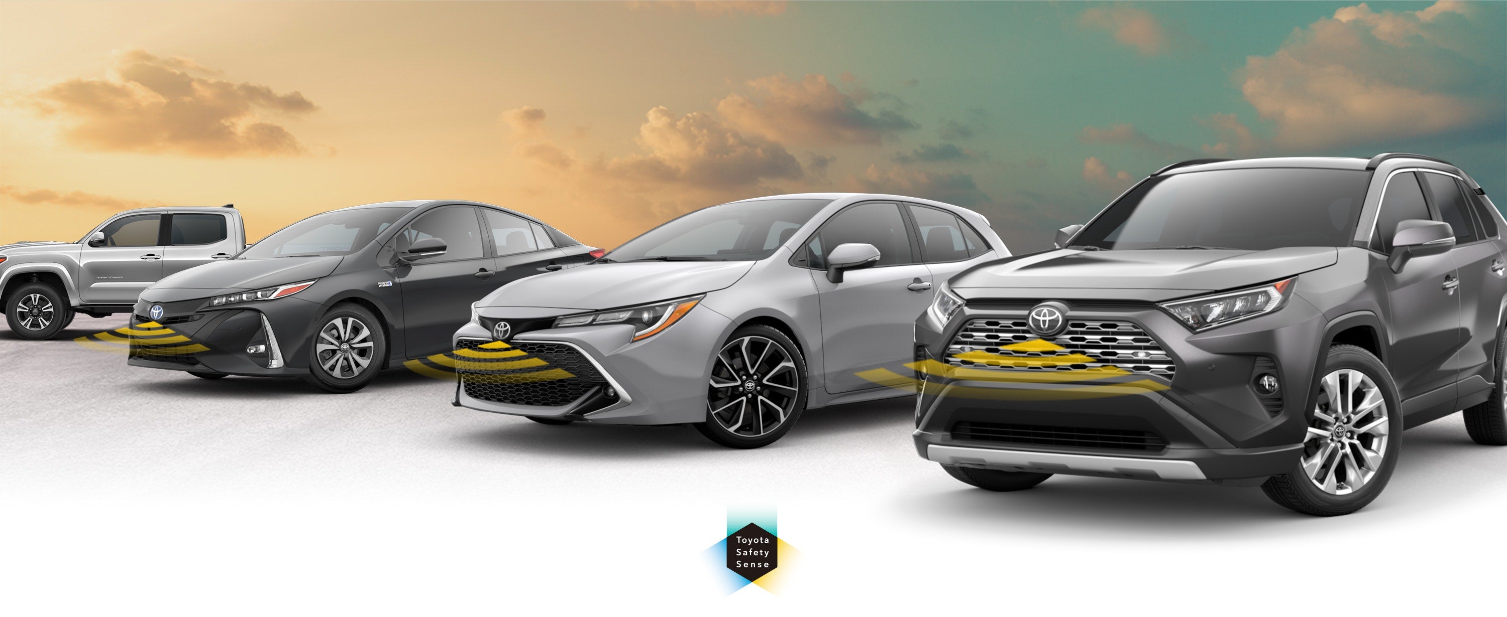 Toyota Safety Sense: Designed for Safety. Options shown on Toyota models including RAV4, Tacoma, and Camry, available now at Oakes Toyota in Greenville MS.